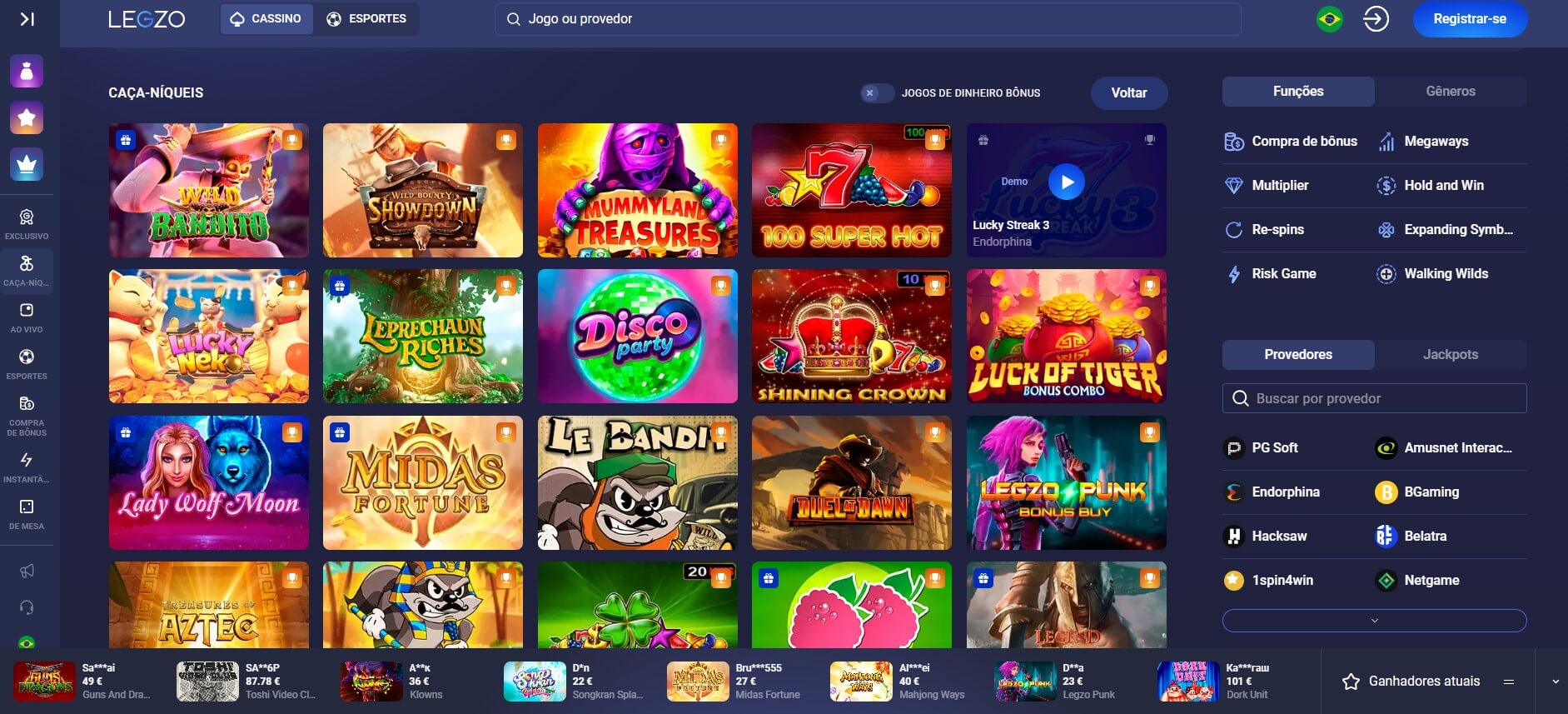 Página inicial do Legzo Casino em Portugal