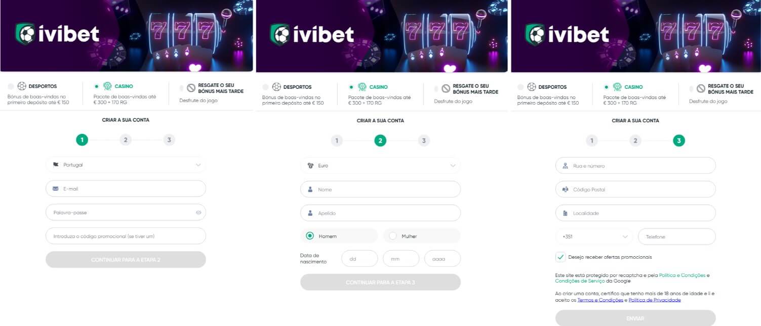 Formulário de registo da Ivibet Portugal