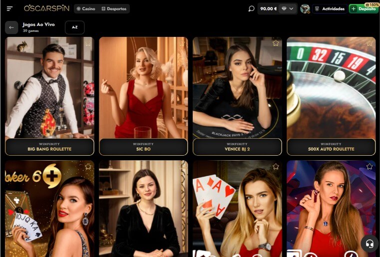 Lobby de jogos de casino ao vivo disponíveis na Oscarspin
