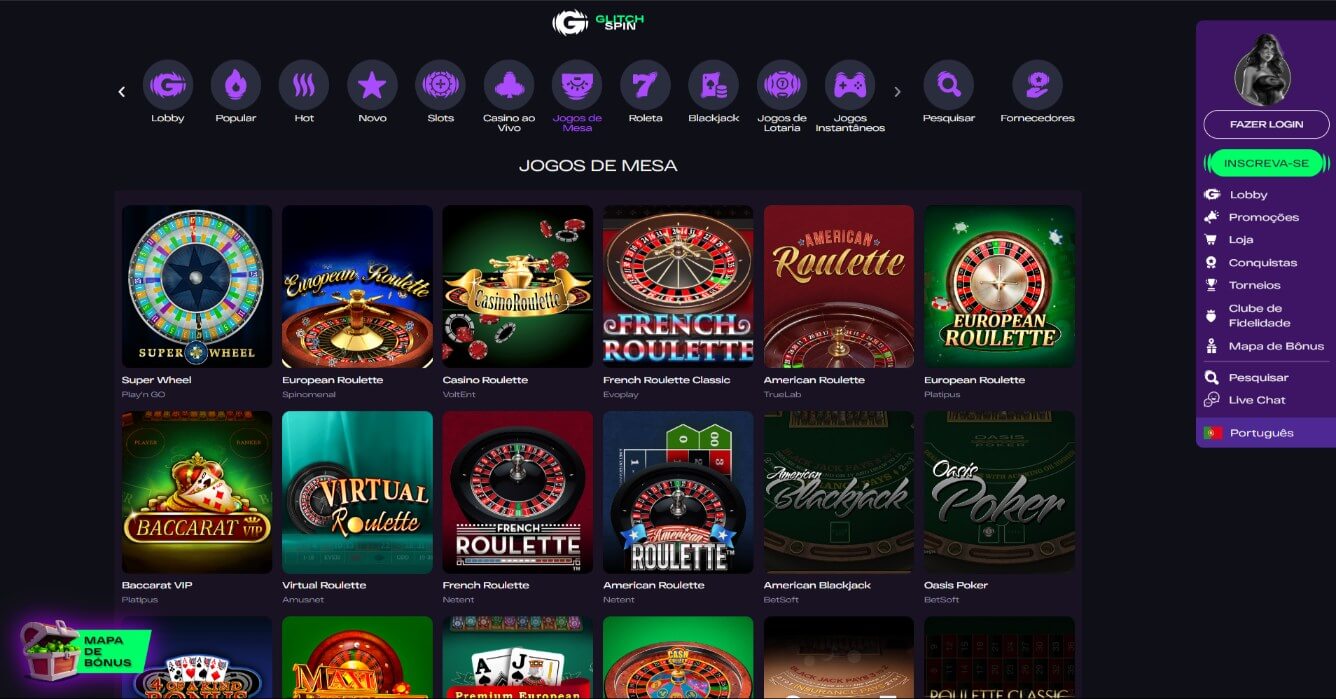 Página de Jogos de Mesa do Glitch Spin Casino