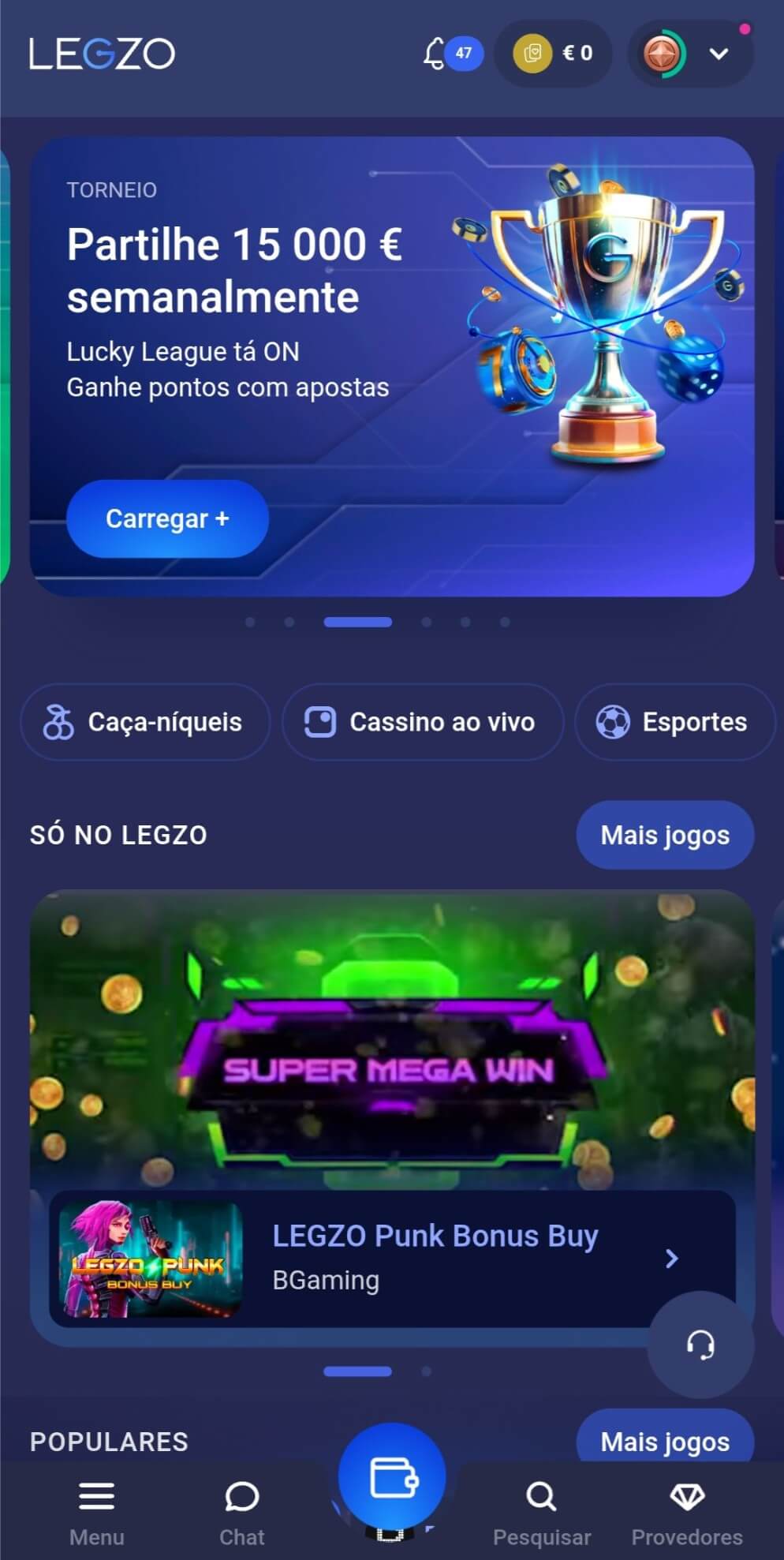 Lobby do aplicativo Legzo App para Android