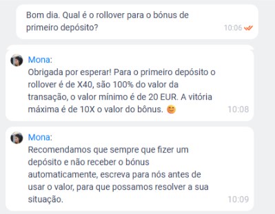 Resposta no chat ao vivo do Monro Casino