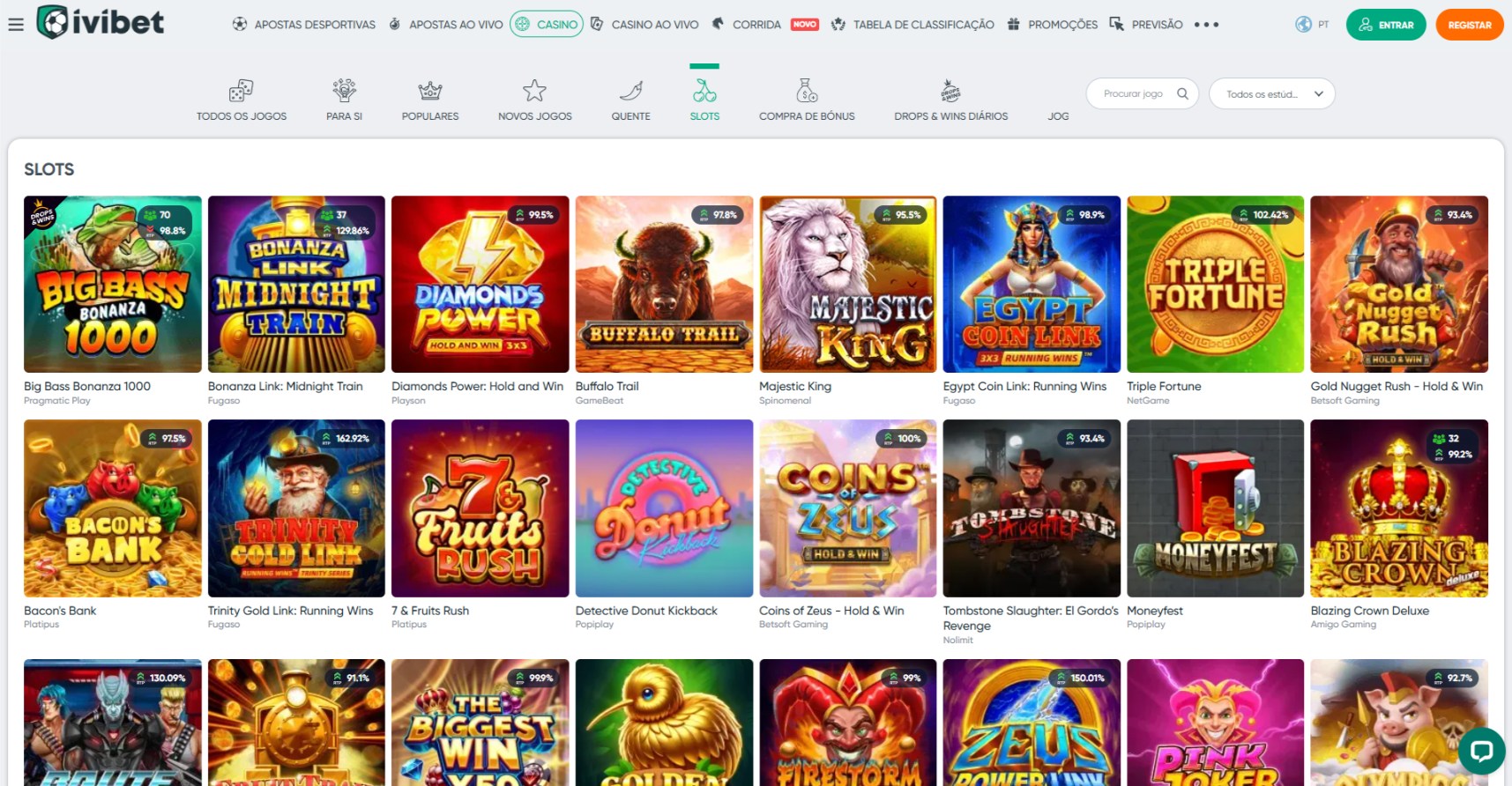 Página de Slots da Ivibet Casino