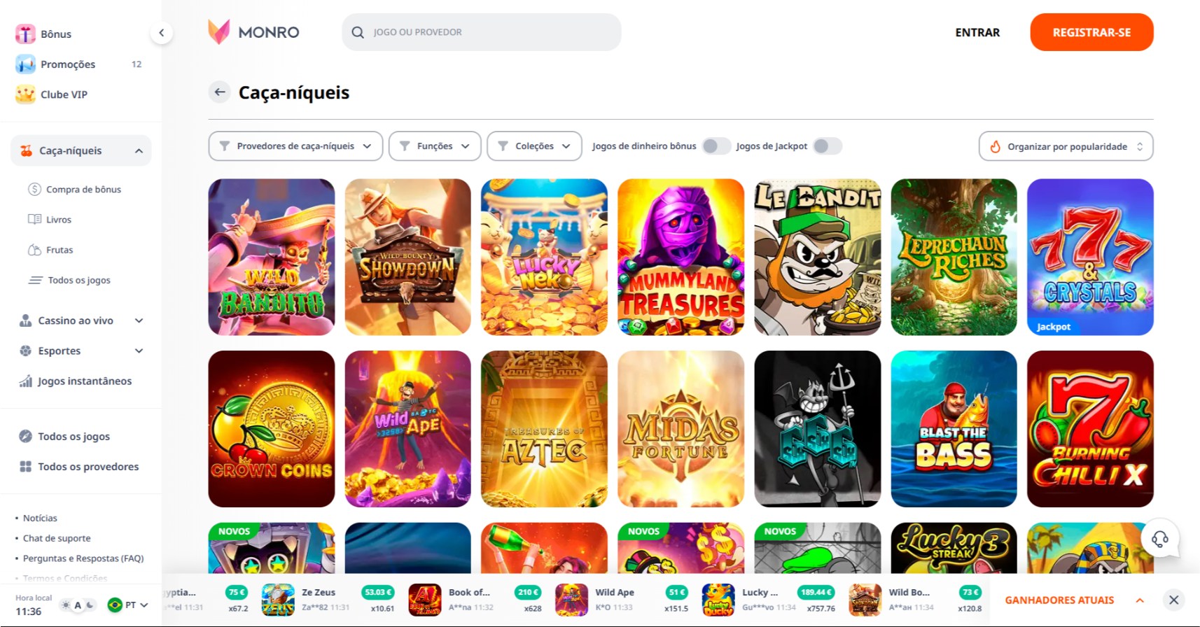 Página de Slots do Monro Casino