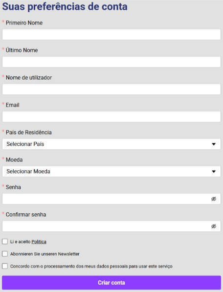 Formulário de registo do casino Tornadobet