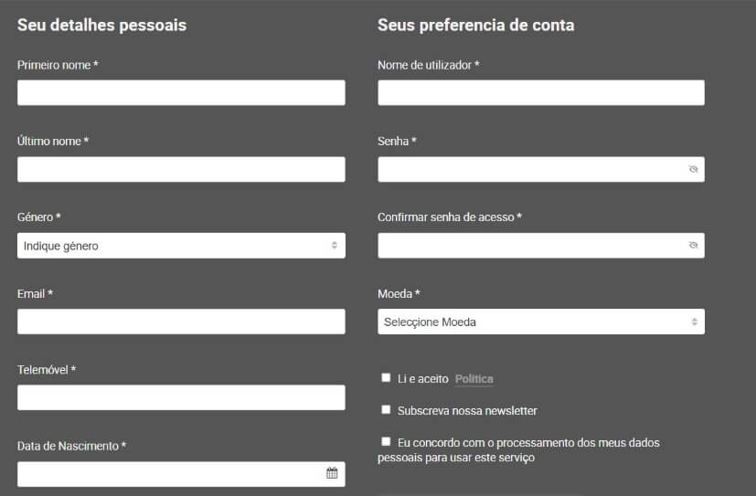 Formulário de Registo do casino LSBet 